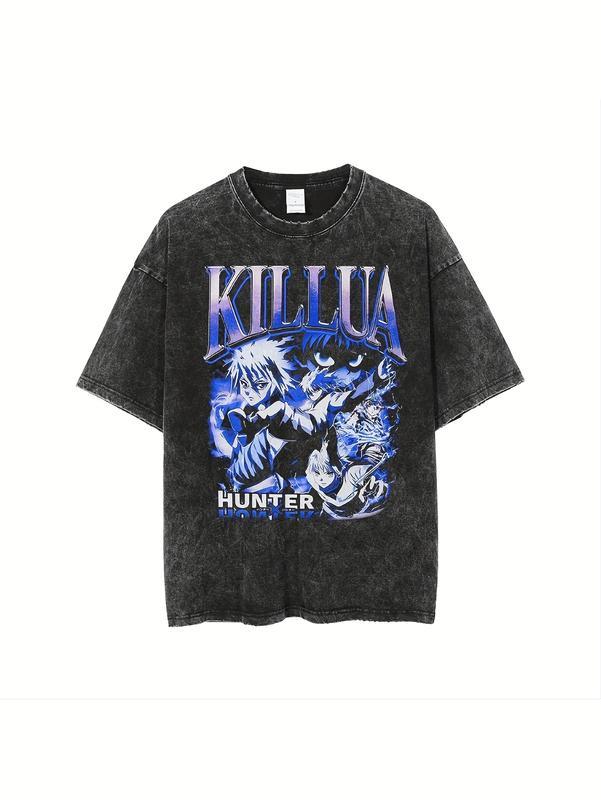 Couples Vintage Washed Print T Shirt Killua Hunter Anime Graphic Blue Tone Crew Neck Short Sleeve Regular Fit Straight Hem Design