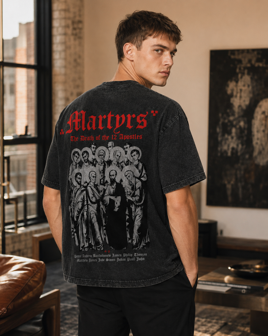 Vintage-Washed Short-Sleeve T-Shirt | "Twelve Holy Martyrs" Cross – Dark Religious Motif – Double-Sided Print – Oversized Unisex Fit