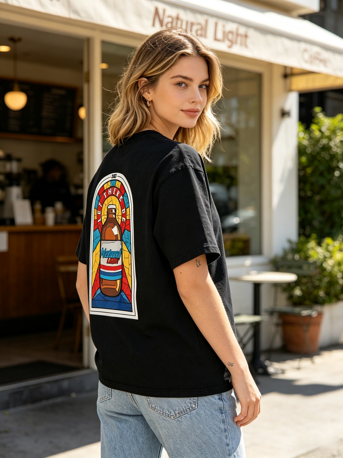 "Vintage Beer Bottle" Double-Sided Print Short-Sleeve T-Shirt – Heavyweight Pure Cotton Oversized Streetwear Tee for Women