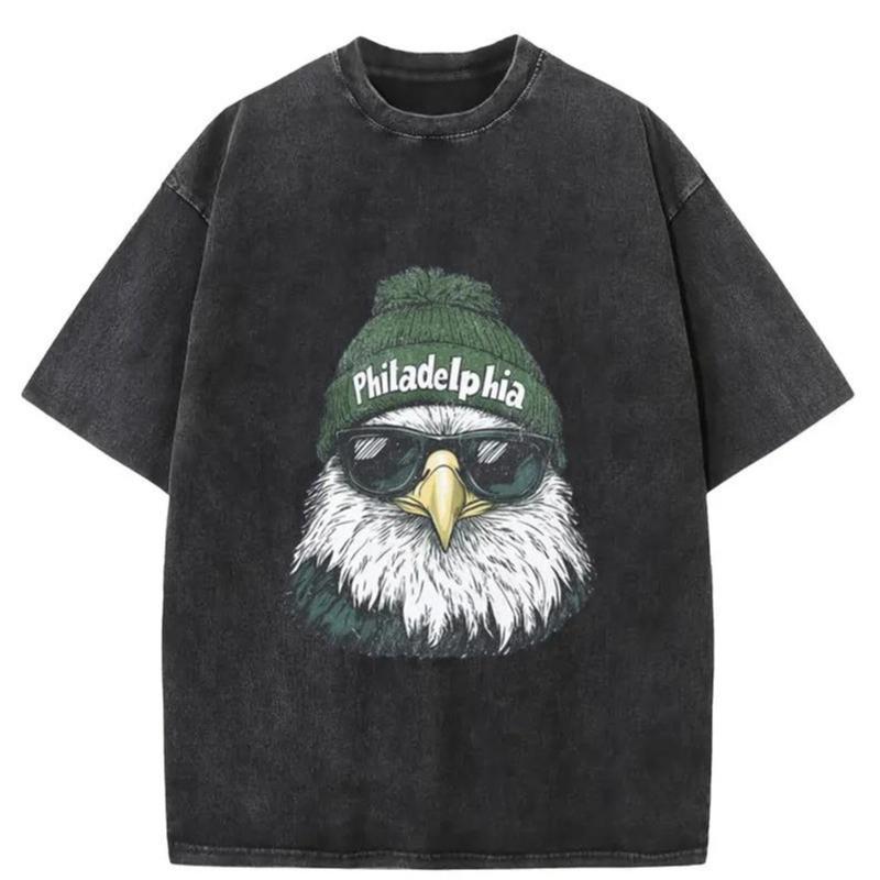 Cotton Short Sleeve Acid Washed ''Philadelphia'' Eagle Print Trendy Casual Comfy Tops Tees T-Shirts Black For Men Women - Funny graphic tees