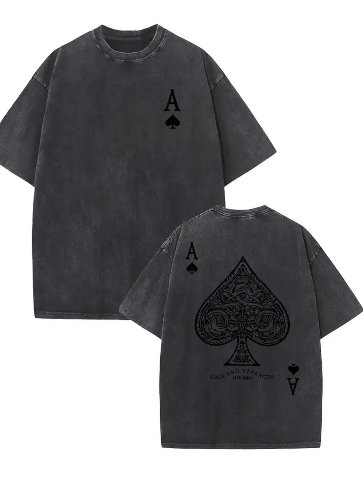 American-style acid-washed distressed Ace of Spades playing card print short-sleeved T-shirt, heavyweight vintage wash, oversized, loose fit, unisex.