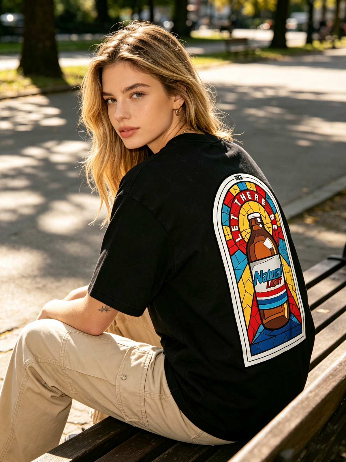 "Vintage Beer Bottle" Double-Sided Print Short-Sleeve T-Shirt – Heavyweight Pure Cotton Oversized Streetwear Tee for Women
