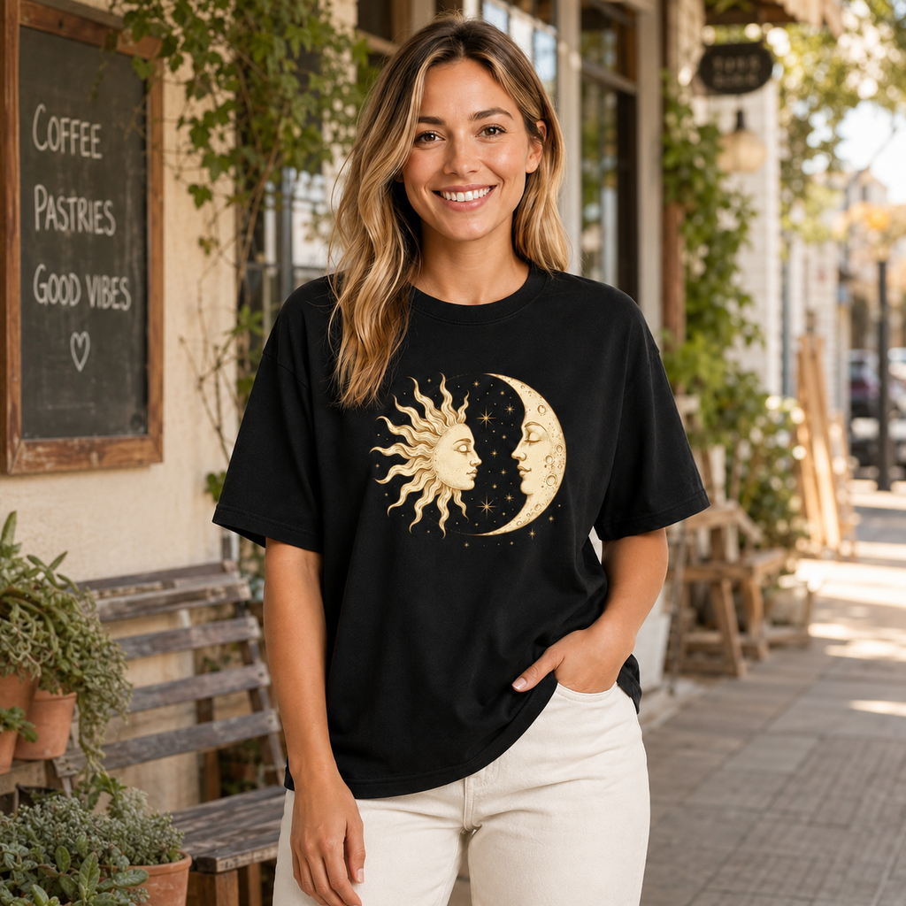 Oversized Black 100% Cotton T-Shirt with Vintage-Style Mystical Sun, Moon, and Star Print – Celestial/Astrology Theme