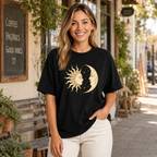Oversized Black 100% Cotton T-Shirt with Vintage-Style Mystical Sun, Moon, and Star Print – Celestial/Astrology Theme
