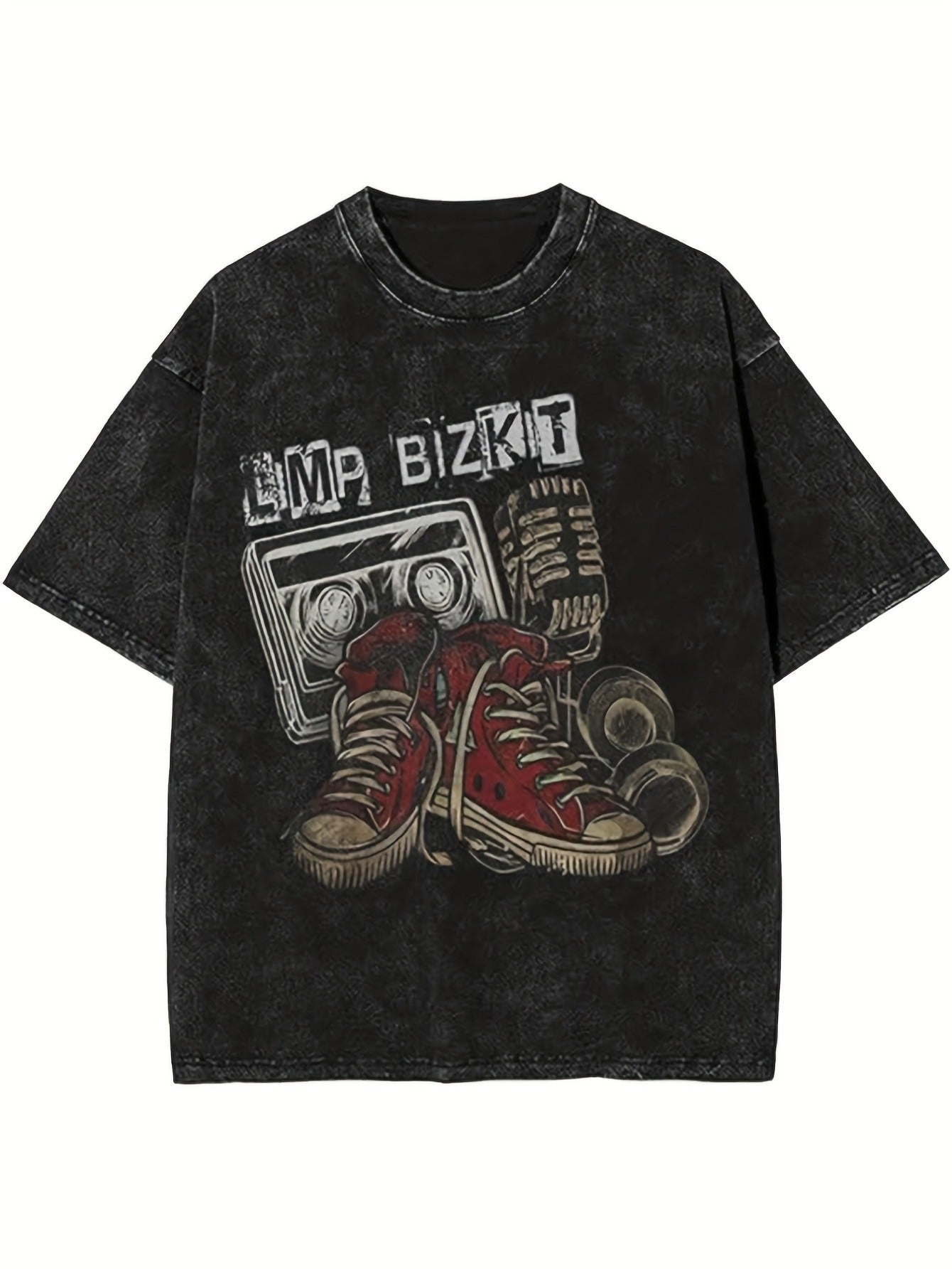 Men'S Vintage Washed 100% Oversized T-Shirt with EMO BIZKIT Graphic Print & Retro Radio Design - Soft Breathable Streetwear Crew Neck Short Sleeve Tee for All-Season Comfort, Casual Casual Attire, Music Festivals & Layering (Skate/Punk Style) - Dura