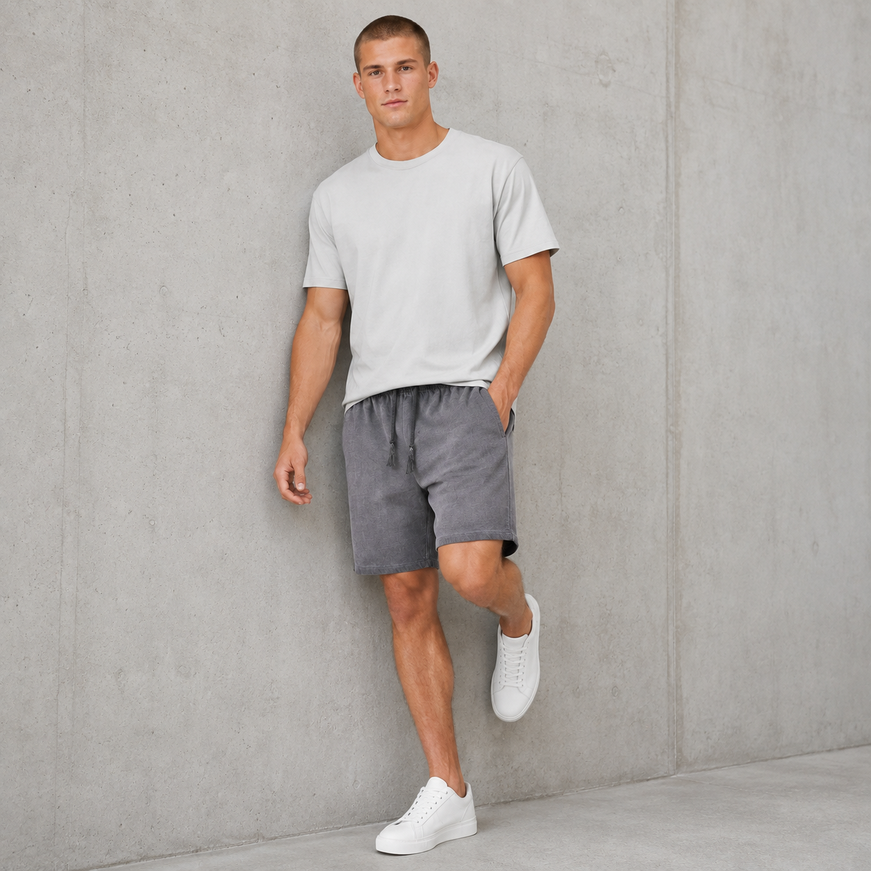 American vintage-style "dirty wash" shorts; distressed, faded, cotton-feel athletic shorts; versatile, casual unisex style.