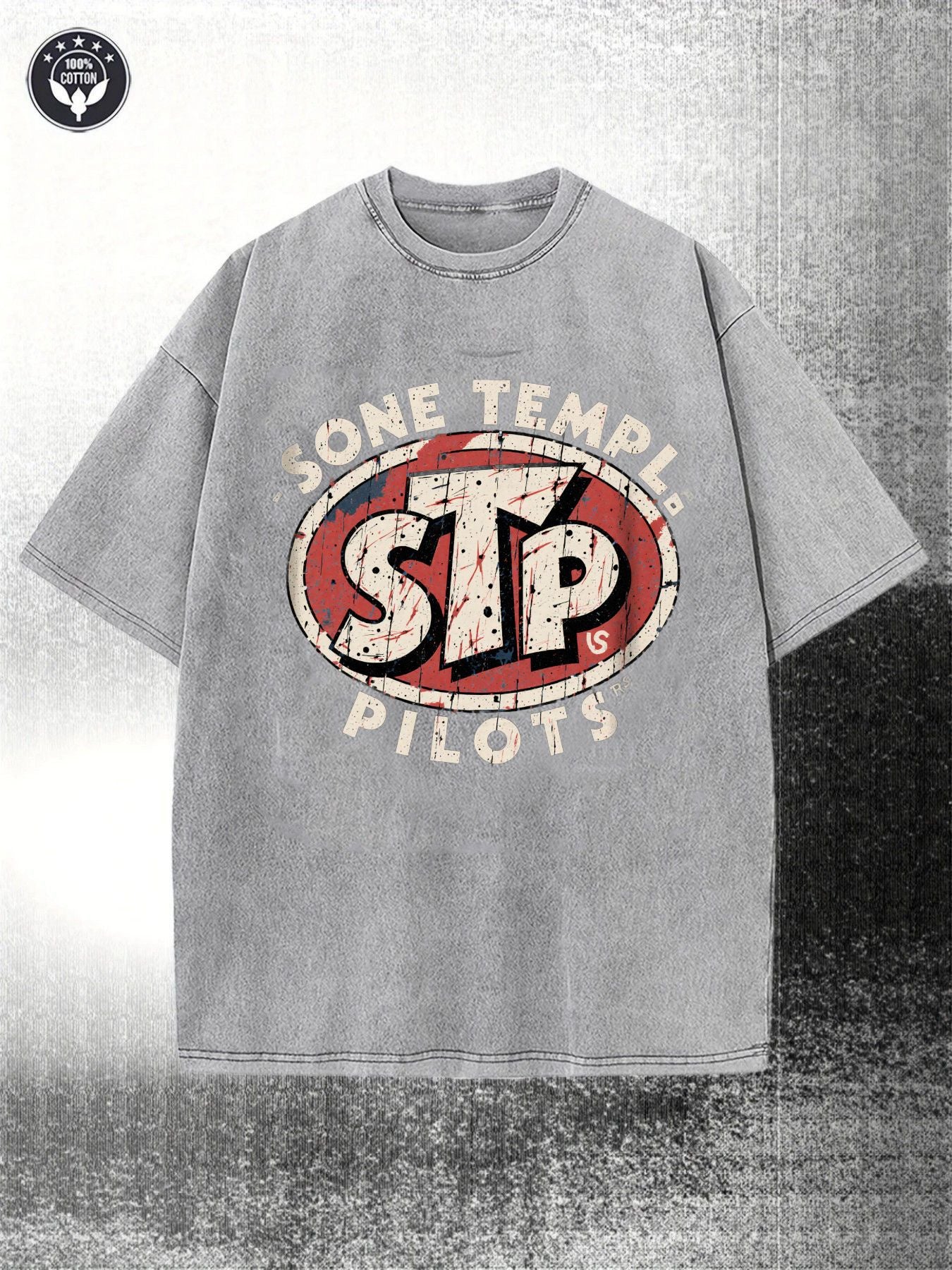 Retro Black 230G Washed Cotton Retro Street Style Short-Sleeved Shirt, Decorated with Sone Temple& Pilots Logo, STP Red Oval Badge, round Neck Short Sleeve Casual Style, Suitable for All Seasons