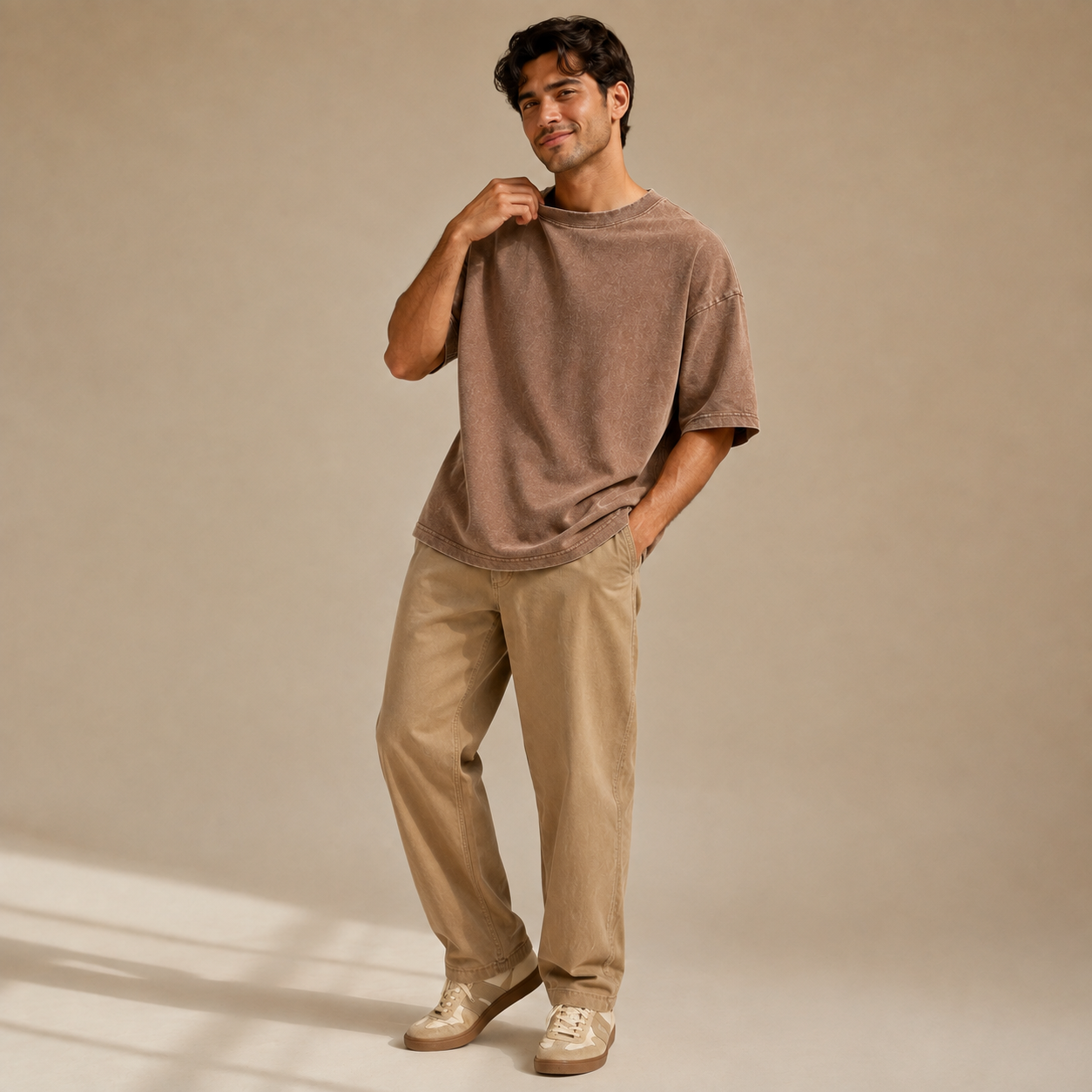 Washed Brown Loose-Fit Short-Sleeve Tee | Heavyweight Cotton T-Shirt with Retro Street Style
