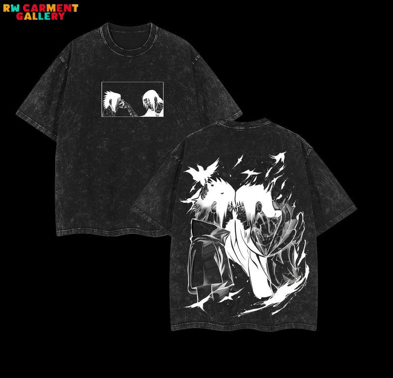 Retro Limited Sasuke x Itachi Naruto Anime Double-Sided Printed Vintage Oversized Washed Graphic T-Shirt, Casual Y2K Oversize Anime Manga Acid Wash Graphic Tee, Unisex Cotton Streetwear Otaku Top Fit, Gift For Fan Anime Lover