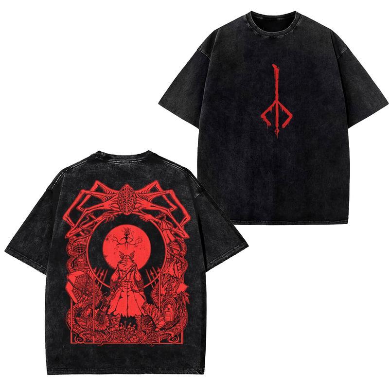 Bloodborne Game Graphic T-Shirt Vintage Washed Oversized T Shirt Summer Cotton Soft Short Sleeves Tees Tops Men Women Clothing Menswear Distressed