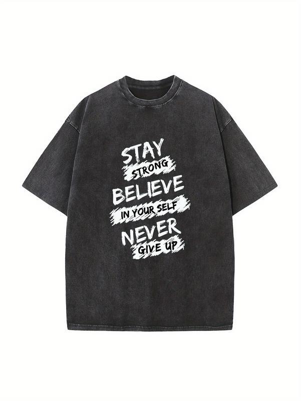 Women's Plus Size Vintage Washed Cotton T-Shirt - Lavender Inspirational "Stay Strong Believe in Yourself Never Give Up" Motivational Letter Print, Oversized Casual Short Sleeve Round Neck Loose Fit Top for Spring Summer Fall, Beach Parties Casu