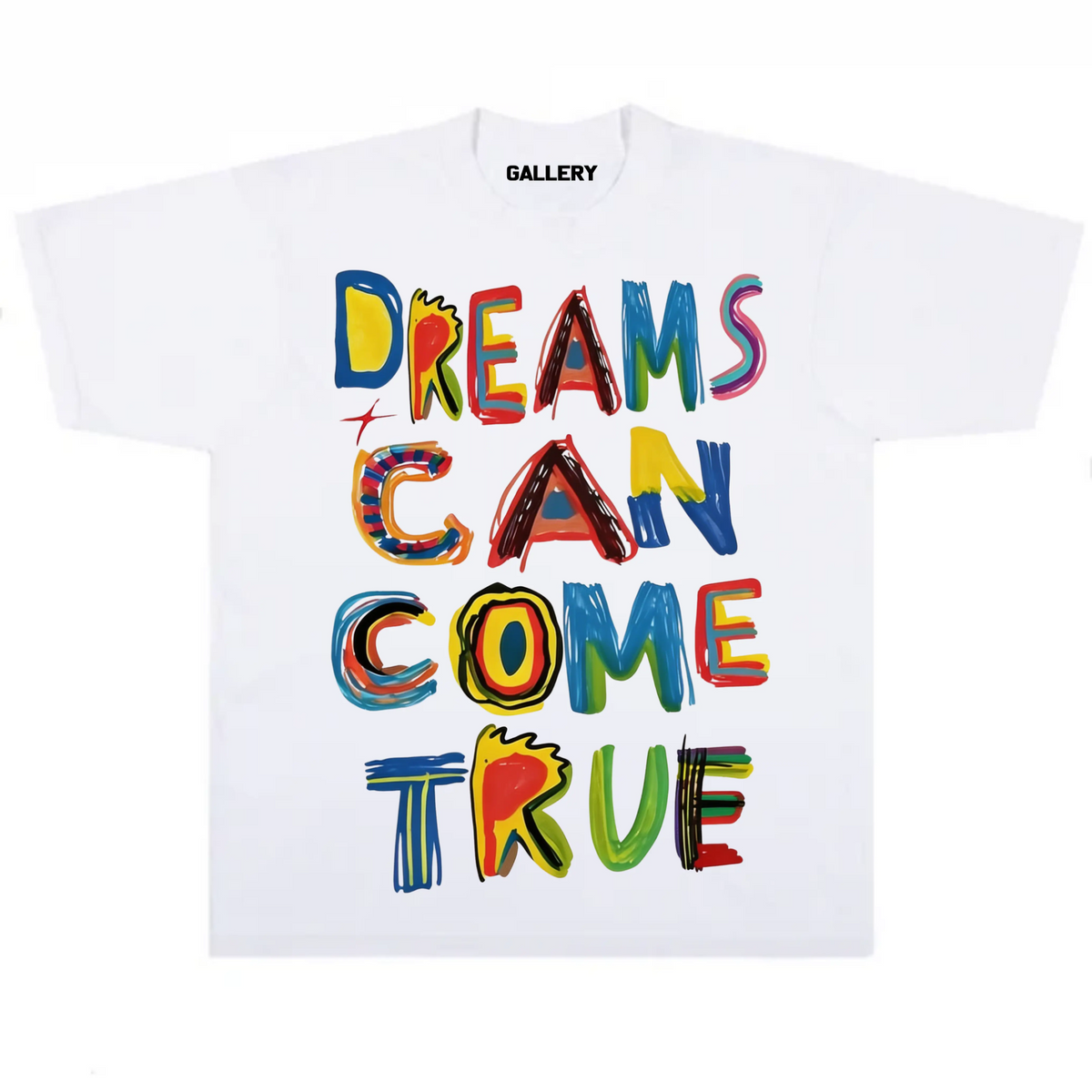 Vintage-Wash Short-Sleeve T-Shirt | "DREAMS CAN COME TRUE" Colorful Graffiti Letter Print | American-Style Oversized Streetwear (Unisex)
