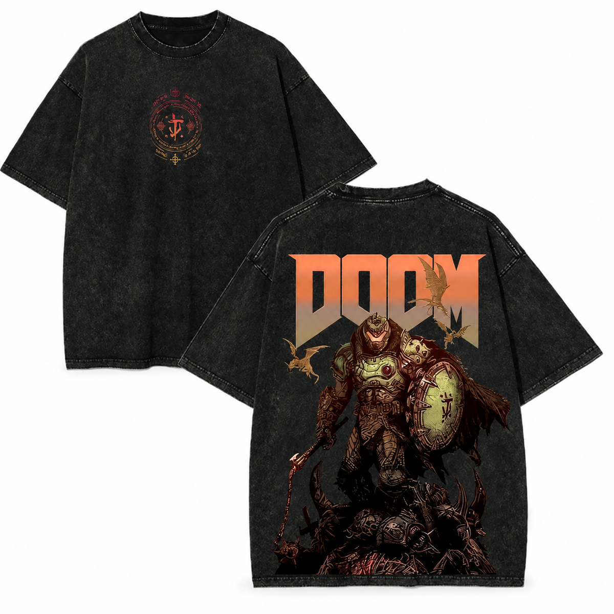 American-style acid-washed distressed DOOM game print short-sleeved T-shirt, heavyweight retro wash, oversized, loose fit, unisex.