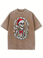 Funny and Sarcastic Christmas "Look How Festive I Am" Slogan | Soft Breathable Blend Loose Casual Black and Blue Retro Washed Crew Neck Unisex Adult Casual Party Wear | Trendy Humorous Christmas Party Outfit, Machine Washable