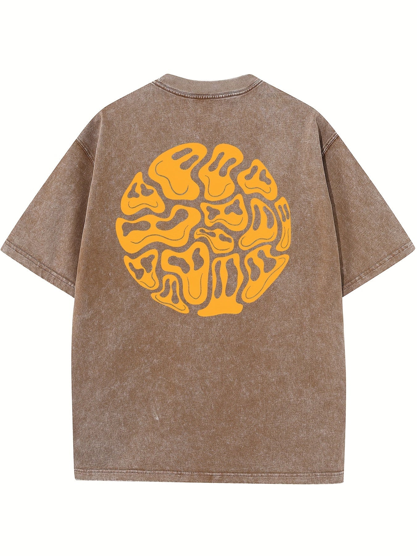 Men's  Style Washed Washed Cotton T-shirt, Unique Orange Abstract Printing, Short Sleeve and Round Neck-Comfortable Summer Casual Wear