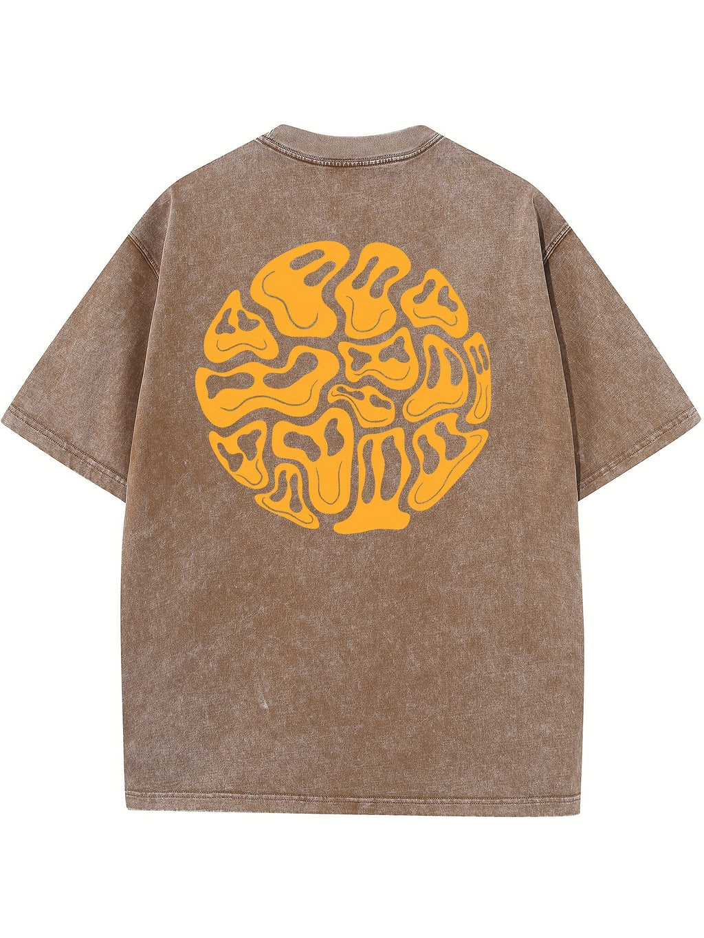 Men's  Style Washed Washed Cotton T-shirt, Unique Orange Abstract Printing, Short Sleeve and Round Neck-Comfortable Summer Casual Wear