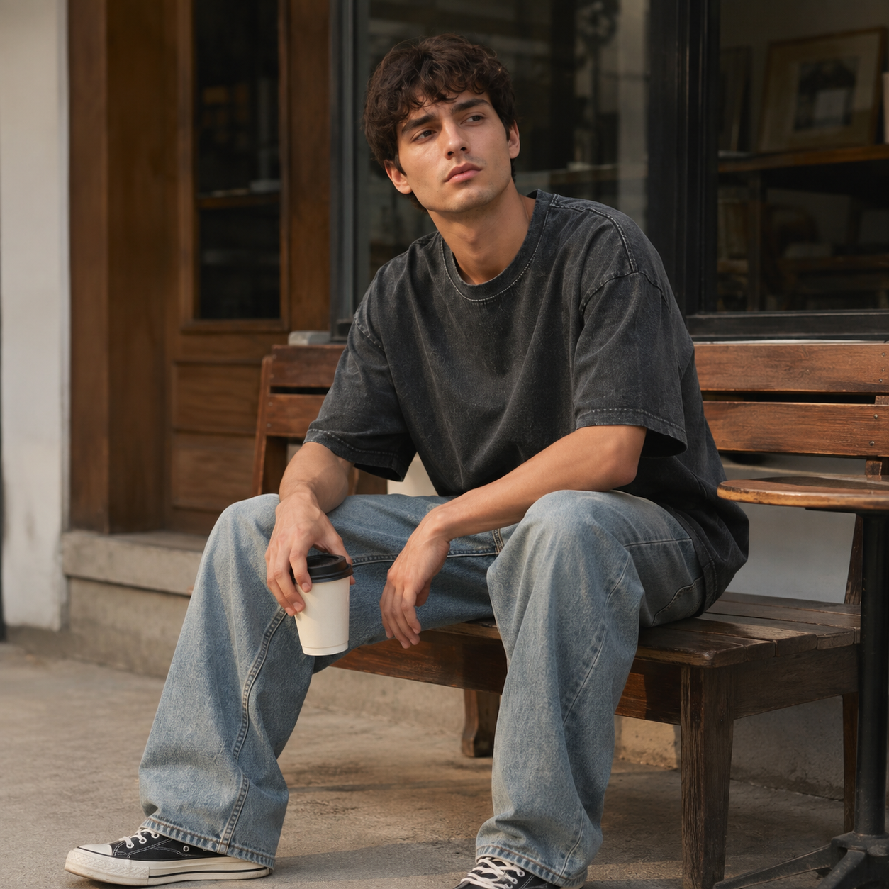 Premium Heavyweight Vintage-Washed Black T-Shirt | Minimalist Street-Style Oversized Short-Sleeve Tee