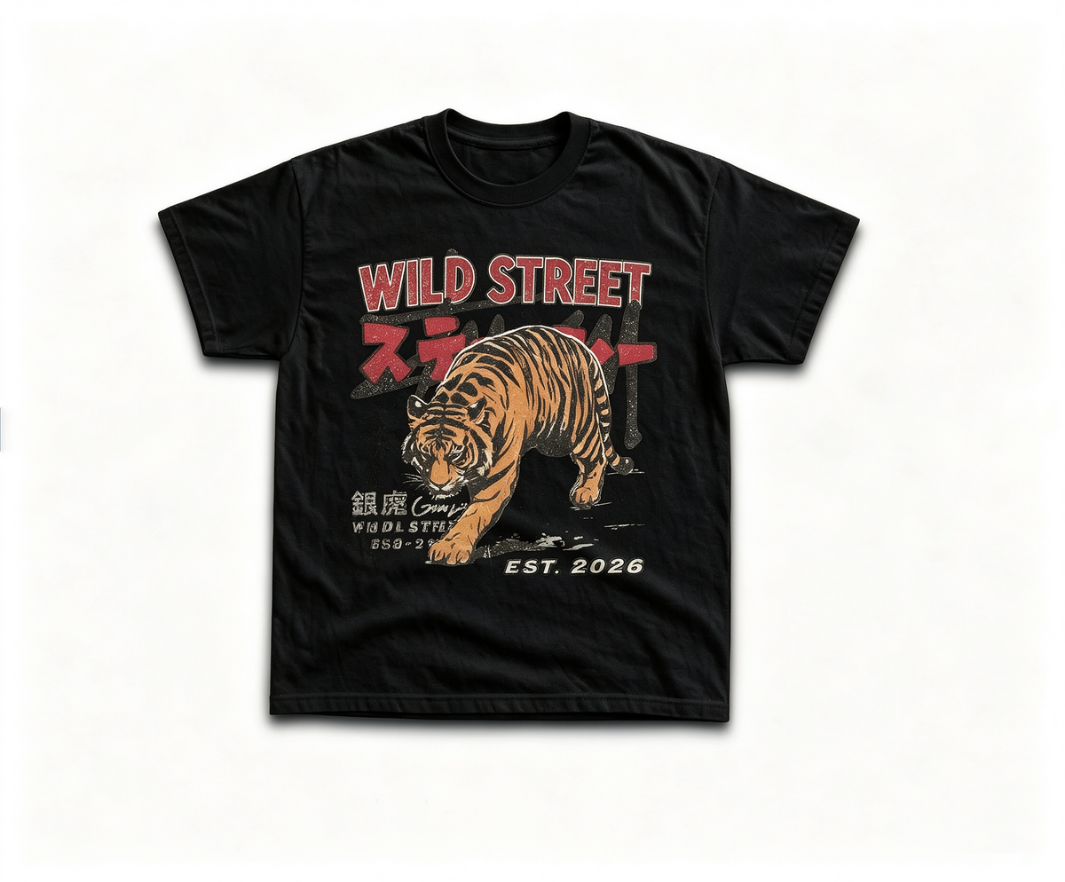 WILD STREET Vintage-Wash Fierce Tiger Print Oversized Heavyweight Cotton T-Shirt (Unisex, Japanese Streetwear Style)