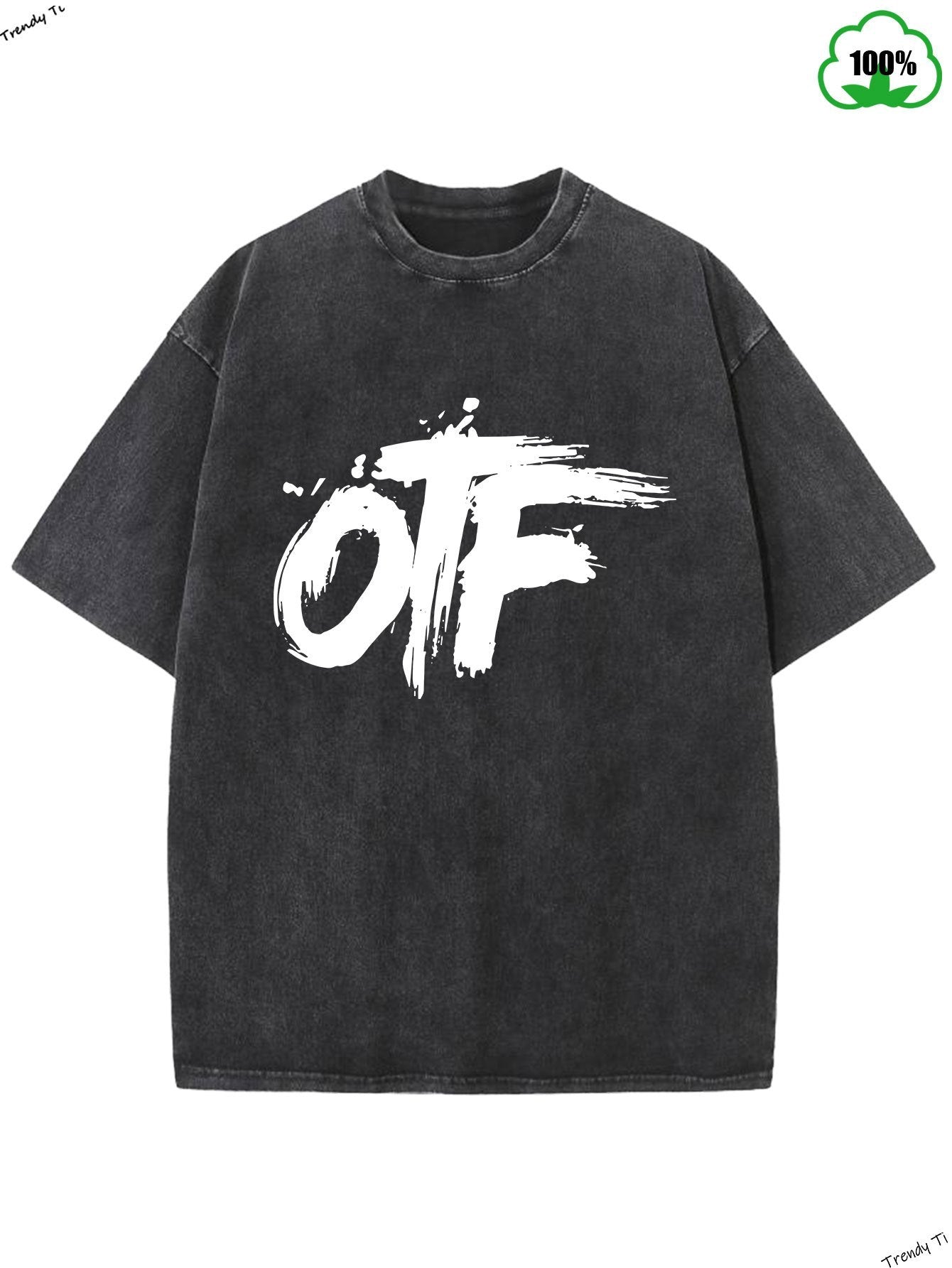 Men'S Vintage Washed 100% T-Shirt with Oversized "OTF" Letter Print - Distressed Brown & Retro Graphic Tee, Round Neck Casual Shirt for Casual Attire, All-Season Comfort Fit, Breathable & Durable (Ideal for Layering Standalone Outfits)