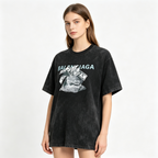 Women's Black Acid-Wash Short-Sleeve T-Shirt – Loose-Fit American Streetwear Crewneck with Money Bag, Cash, and Lettering Print