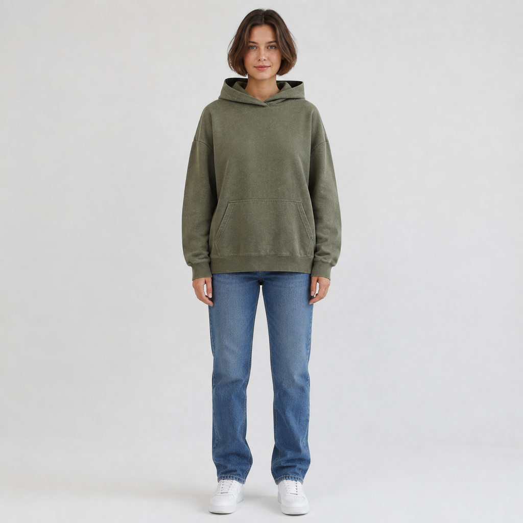 Vintage-wash distressed hooded sweatshirt—a versatile, relaxed-fit casual jacket with a laid-back, dropped-shoulder style.