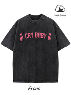 Men's Casual  Washed 230G 100% Cotton Black T-Shirt Short Sleeve,  Style CRY BABY Pattern Cotton T-Shirt Breathable Sweat-Absorbent Comfortable Top, Suitable for Machine Wash, Holiday Gift for Friends
