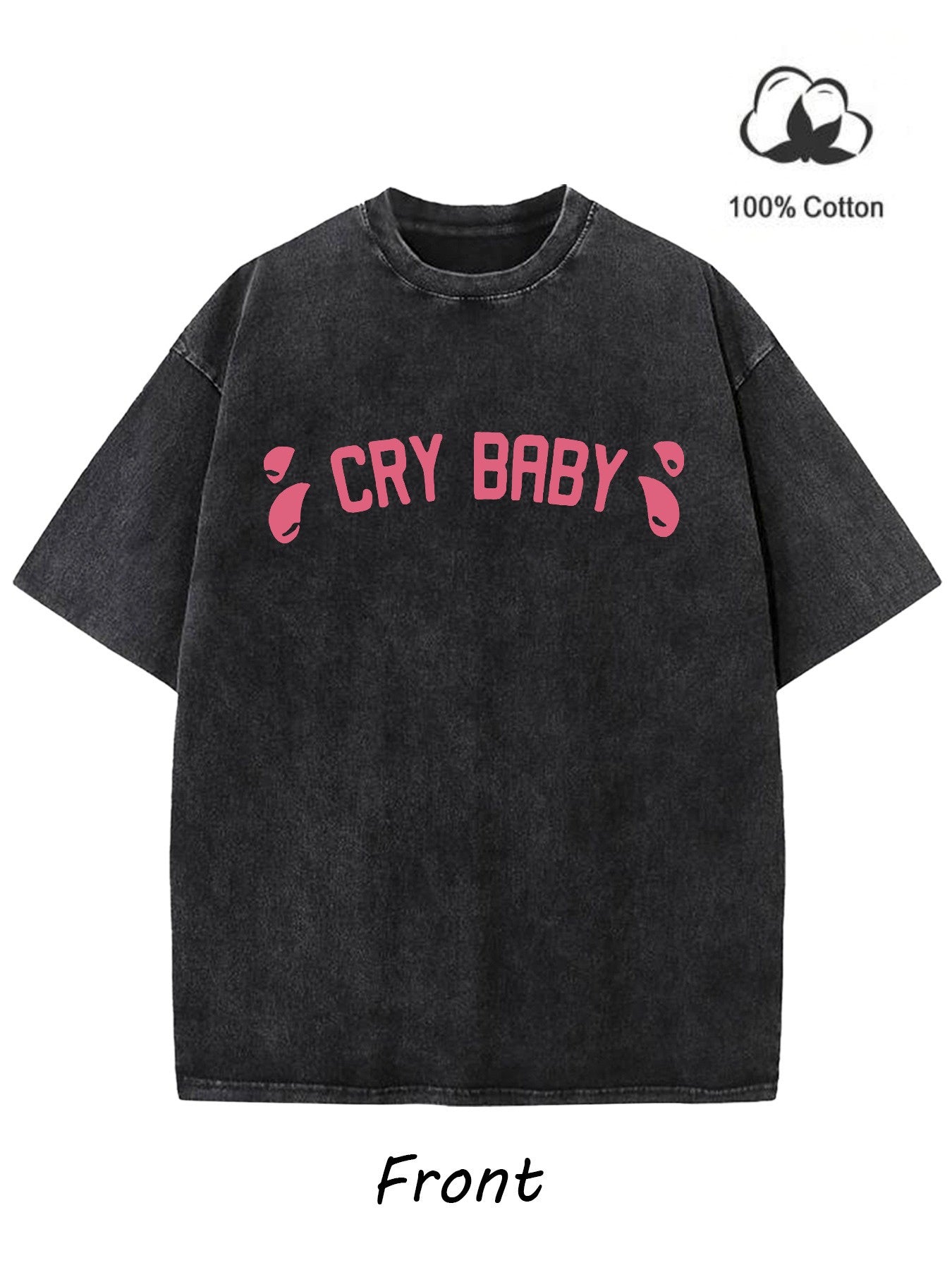 Men's Casual  Washed 230G 100% Cotton Black T-Shirt Short Sleeve,  Style CRY BABY Pattern Cotton T-Shirt Breathable Sweat-Absorbent Comfortable Top, Suitable for Machine Wash, Holiday Gift for Friends