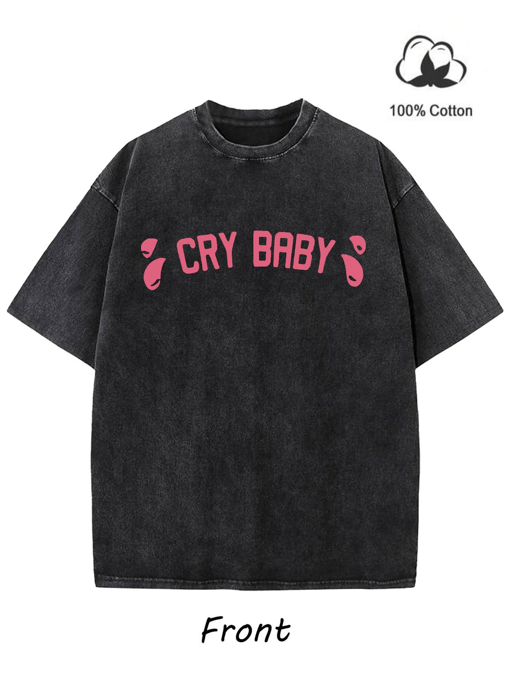 Men's Casual  Washed 230G 100% Cotton Black T-Shirt Short Sleeve,  Style CRY BABY Pattern Cotton T-Shirt Breathable Sweat-Absorbent Comfortable Top, Suitable for Machine Wash, Holiday Gift for Friends
