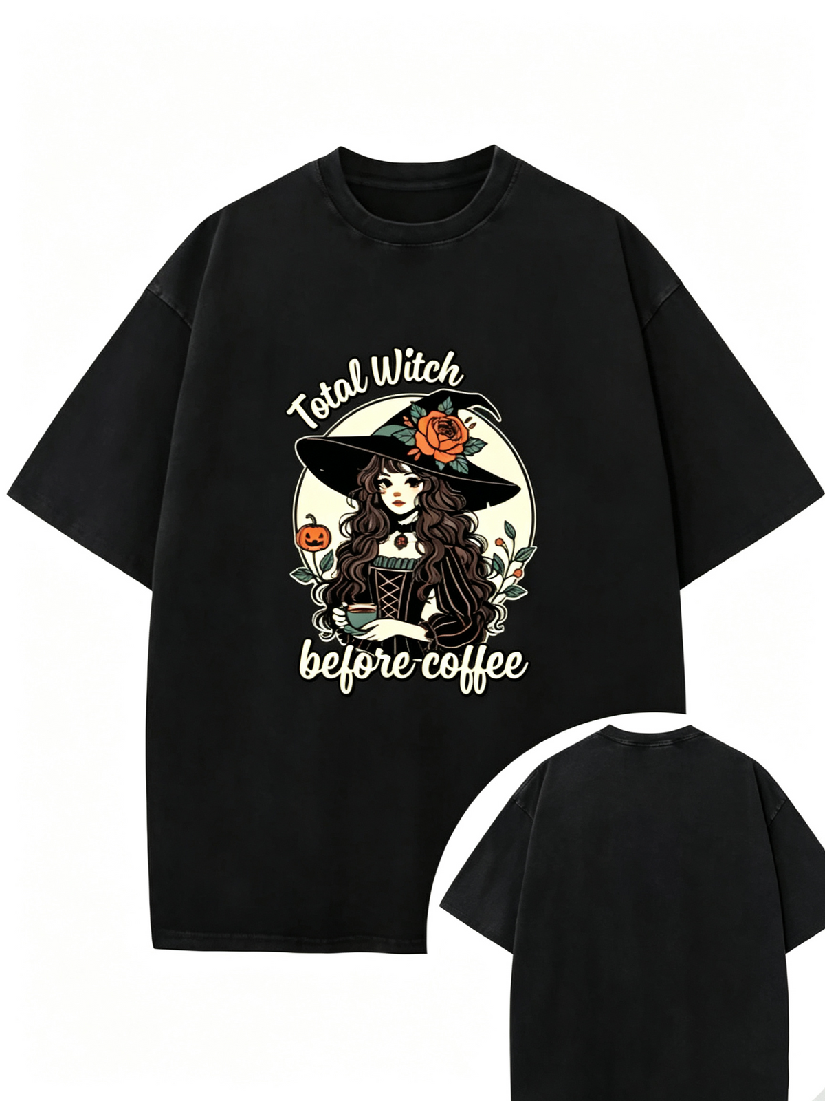 Heavyweight Cotton Vintage-Wash Oversized T-Shirt – Halloween Witch & Coffee Graphic (Unisex/Men's Streetwear Style)