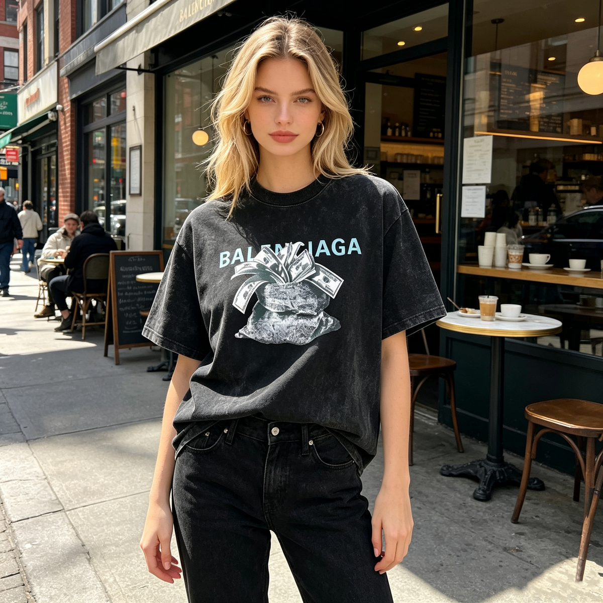 Women's Black Acid-Wash Short-Sleeve T-Shirt – Loose-Fit American Streetwear Crewneck with Money Bag, Cash, and Lettering Print