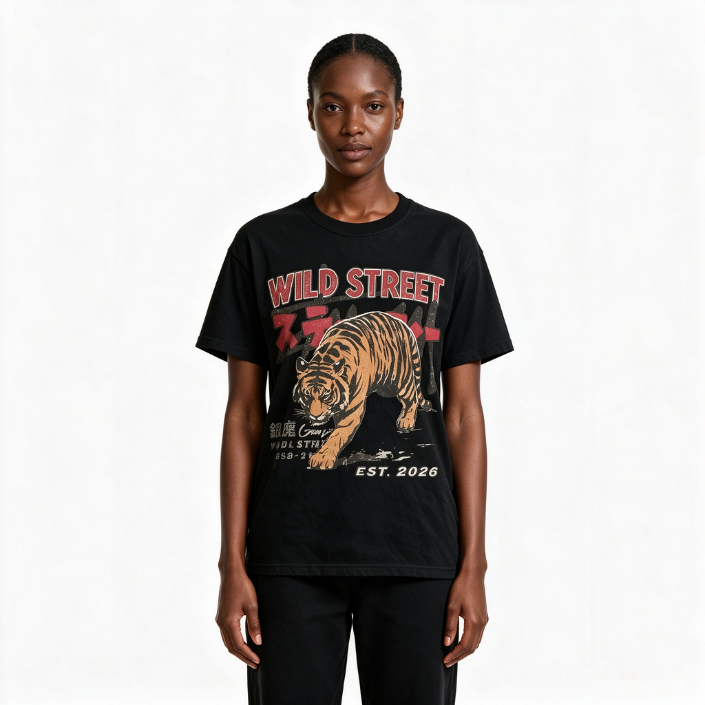 WILD STREET Vintage-Wash Fierce Tiger Print Oversized Heavyweight Cotton T-Shirt (Unisex, Japanese Streetwear Style)