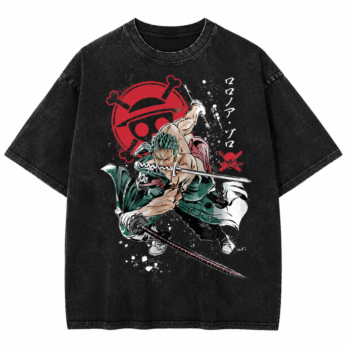 American-style acid-washed distressed One Piece Roronoa Zoro Three-Sword Style Print Short-Sleeve T-Shirt, Heavyweight Wash, Oversized, Retro Anime Unisex T-Shirt