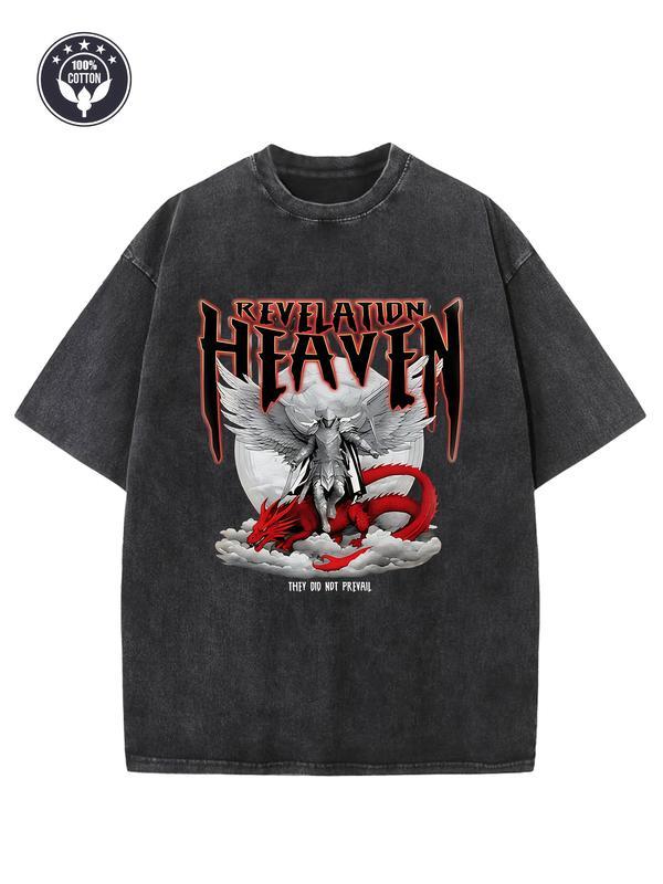 Men's Heavyweight 230gsm Vintage "Revelation Heaven" Graphic T-Shirt - Apocalypse Angel & Dragon Print, Oversized Relaxed Fit Streetwear, 100% Cotton Washed Retro Tee for Casual Casual Attire