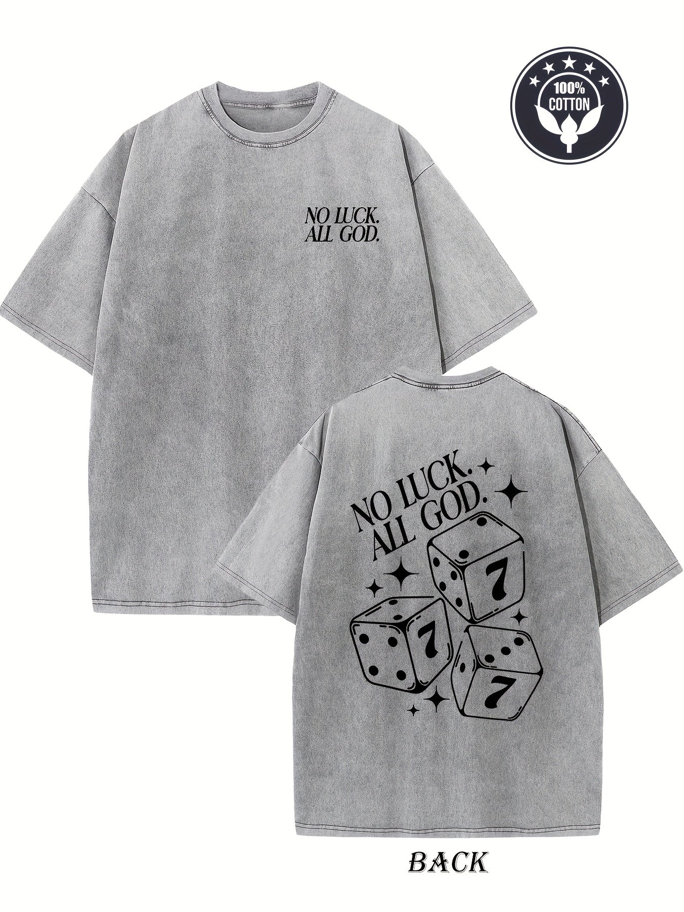 Men's Heavyweight 230g Pure Cotton Vintage Washed T-Shirt with Double-Sided "No Luck All Gods" & Dice Print - Loose Fit Drop Shoulder Streetwear Tee, Round Neck Casual Top for all-Season Wear (Machine Washable)