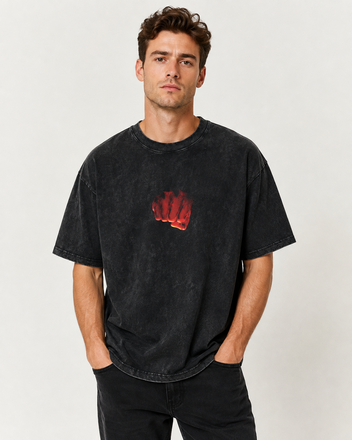 American-style acid-washed distressed One-Punch Man Saitama print short-sleeved T-shirt, heavyweight retro wash, oversized, loose fit, unisex.