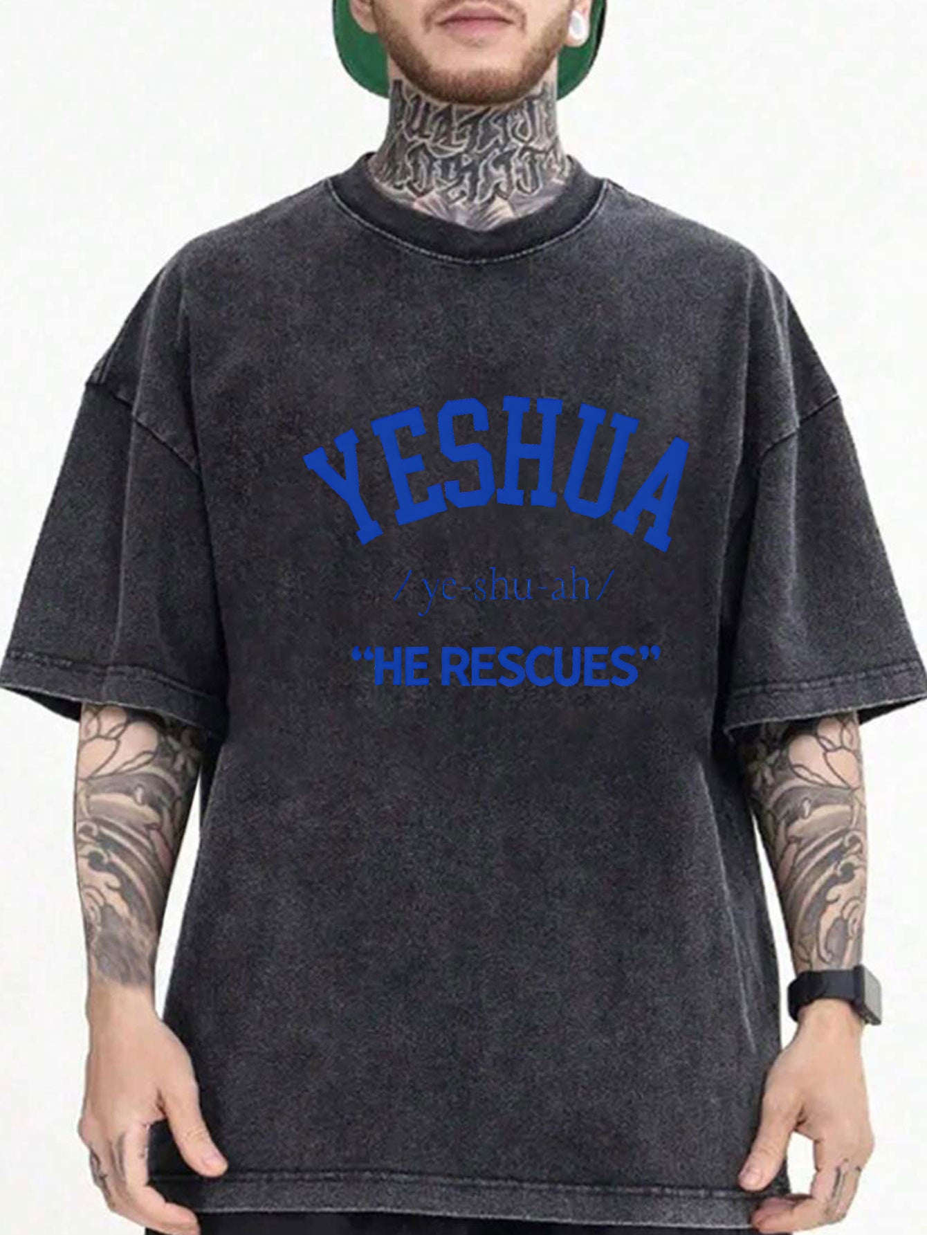 Oversized Christian Faith T-Shirt with YESHUA He Saved Hebrew/ Cross Design - Washed Cotton Black Casual Church Wear, Round Neck Religious Apparel for all-Season
