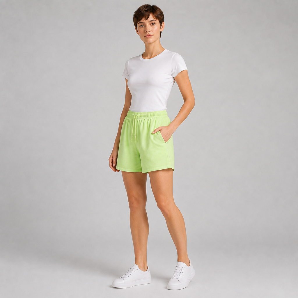 American vintage-style "dirty wash" shorts; distressed, faded, cotton-feel athletic shorts; versatile, casual unisex style.