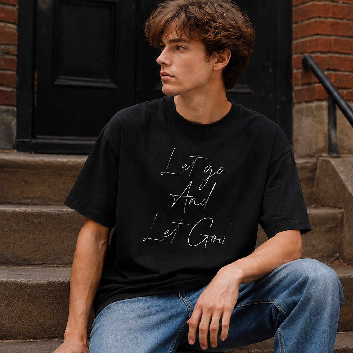 Faith-themed distressed black short-sleeve T-shirt: 100% cotton, oversized, double-sided print, vintage casual religious style.
