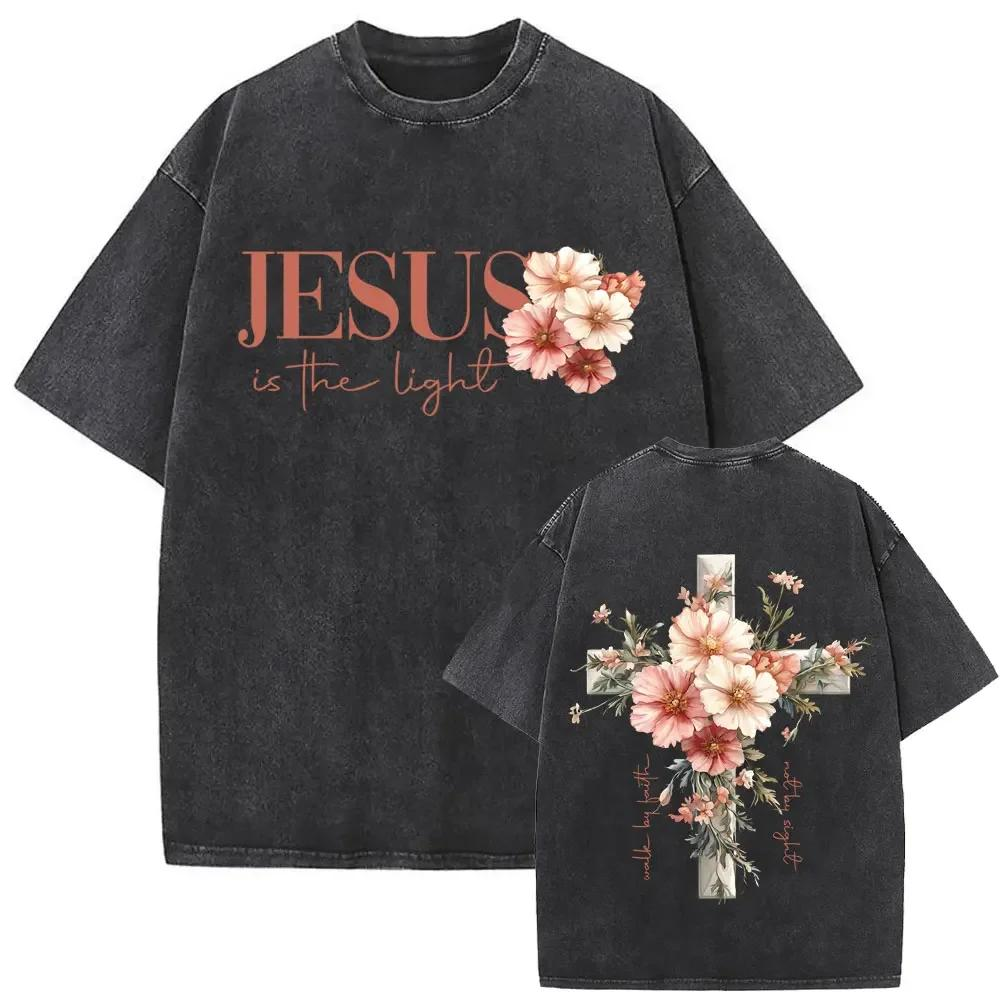 Vintage-Wash Short-Sleeve T-Shirt | "Jesus is the Light" – Oversized, Unisex, Double-Sided Print Featuring a Floral Cross and Faith-Inspired Design