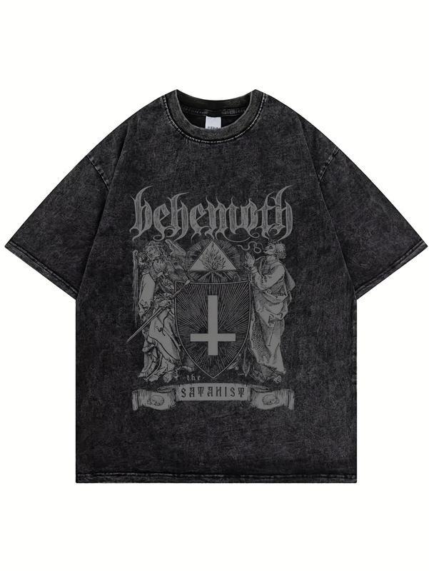Couples Vintage Washed Print T Shirt Featuring Gothic Crest Design With Cross And Angel Figures Crew Neck Short Sleeve Loose Fit Straight Hem Graphic Tee
