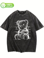 Trendy Off-Shoulder Top Featuring a Washed High-Quality Design with a White Bear Print, Made from Heavyweight 230G Oversized Fabric, 100%, Embodying Street Style.