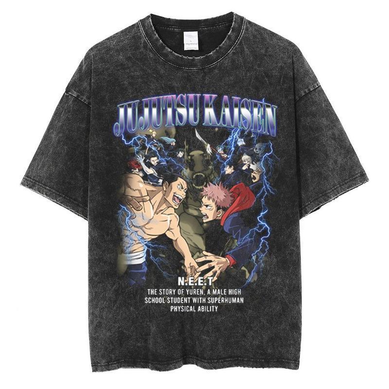 Anime Jujutsu Kaisen T Shirt Vintage Washed T-shirt Gojo Sat Menswear Top Distressed Festive