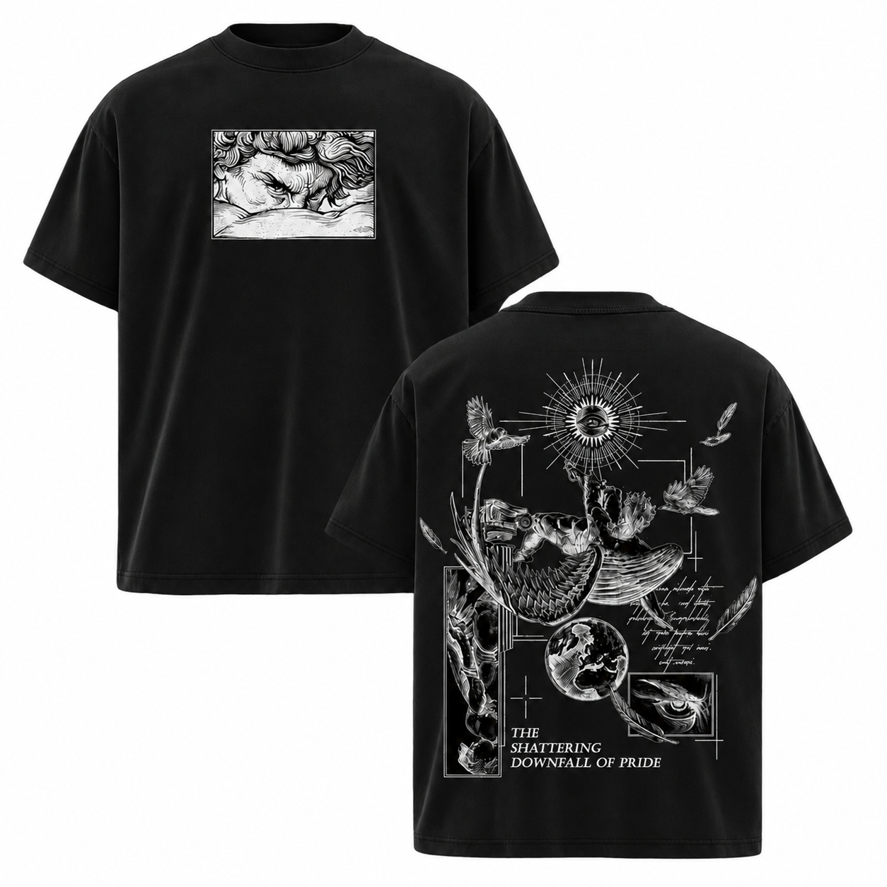 Vintage-Washed Black T-Shirt – "Fallen Angel" (Ancient Greek Sculpture Graphic) – Dark Gothic/Wasteland Aesthetic – Unisex Loose-Fit Streetwear Tee