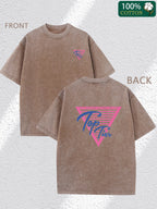 Pink floral print pattern, summer men's fashion washed vintage-style batik high-quality 250G thickened pure cotton T-shirt, street retro round neck short-sleeved T-shirt.