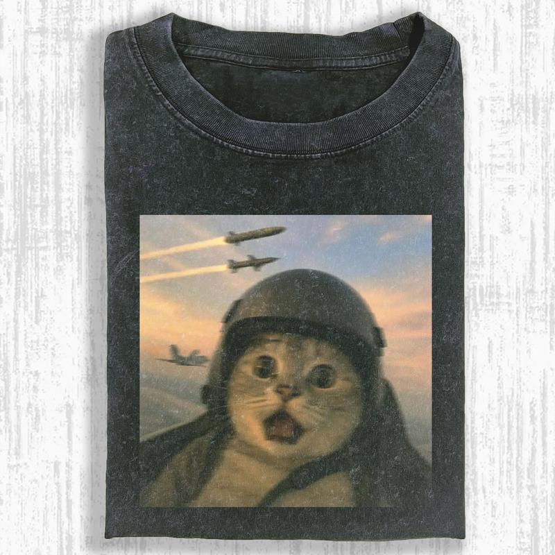 Funny Cat Vintage Washed Crew Neck Tee Heavyweight(280g) Regular Fit Casual Comfort Breathable Short Sleeve Funny T-shirts for Summer Fashion Men&Women's Top for Daily Wear 06204