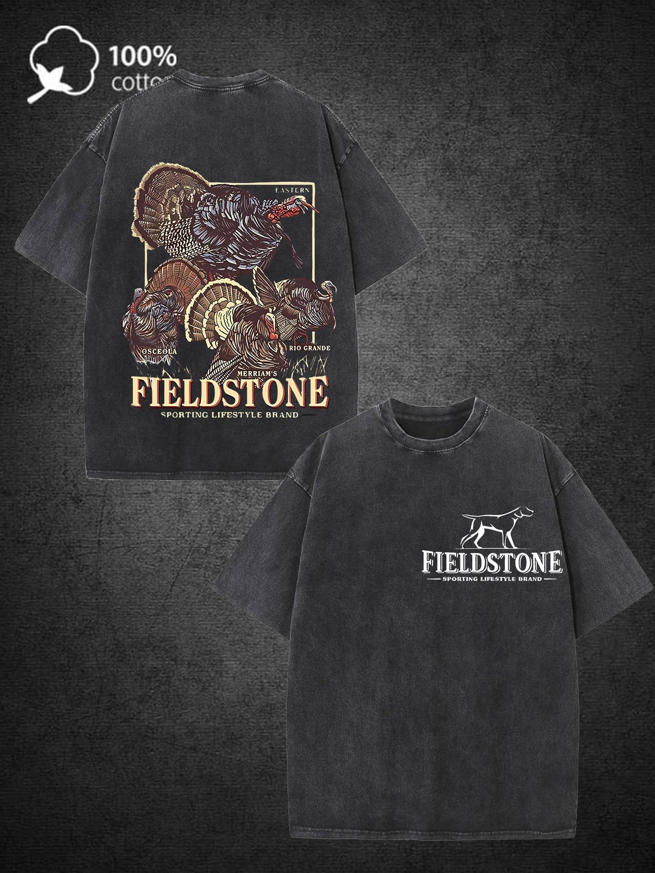 Men'S Heavyweight 220gsm 100% Vintage Hunting T-Shirt - Double-Sided Turkey & Outdoor Graphic Print, Distressed Washed Short Sleeve Tee for Casual Streetwear & Outdoor Activities, All-Season Fit (Fieldstone Design)