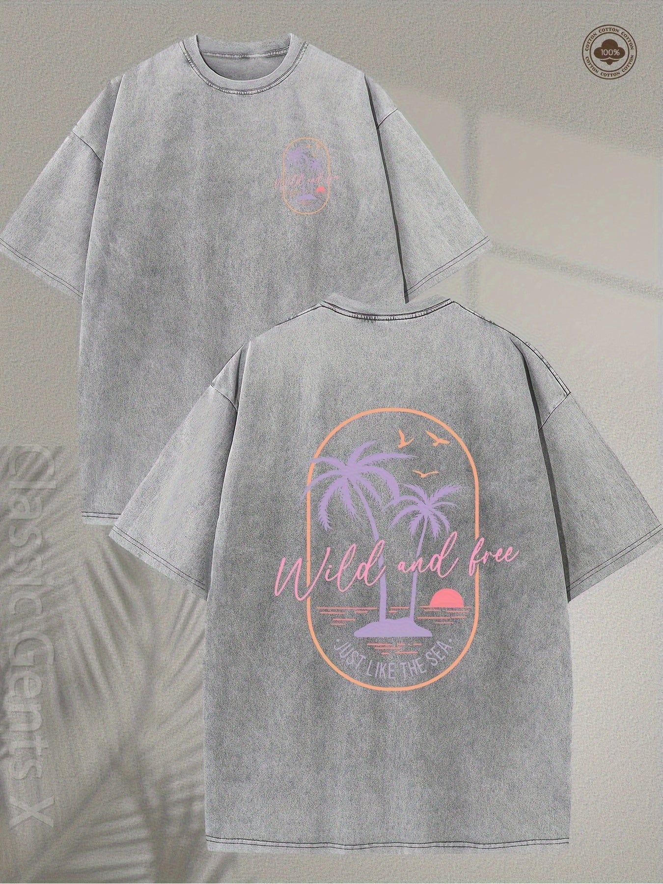 Men's Heavyweight 230g 100% Cotton T-Shirt - Vintage Surf Style with Tropical Palm Tree & Surfboard Print, Light Pink & Orange Retro Beach Design, Loose Fit Short Sleeve Tee for Surfing, Vacation, Casual Wear - Ideal Surf Gift