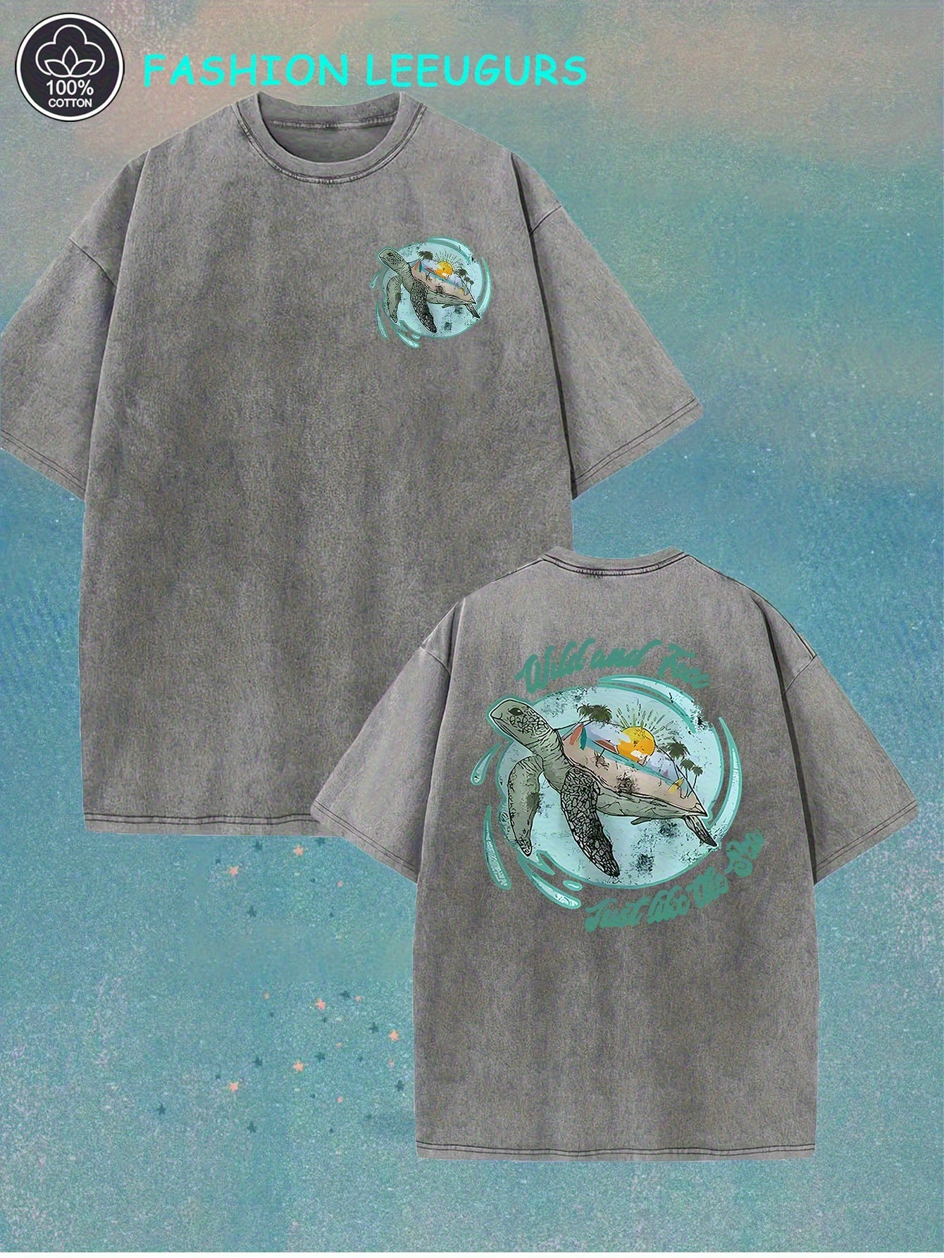 Men's Vintage Washed Cotton T-Shirt with Sea Turtle Print - Lightweight Breathable Short Sleeve Round Neck Casual Summer Beachwear Suitable for Outdoor Activities & Casual Attire - All-Season Fit Shelf Life (Tropical Turtle)