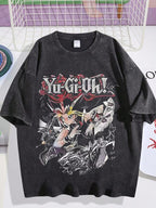 EWH Men's Retro Washed Vintage T-Shirt, Yu Gi Oh! Theme, Retro Anime Style Loose TopDG004 Distressed Festive