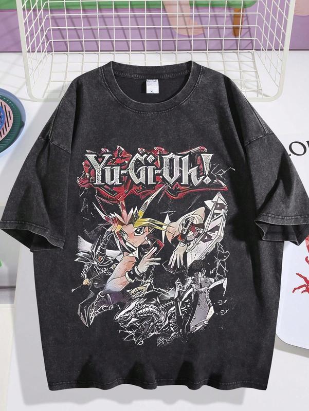 EWH Men's Retro Washed Vintage T-Shirt, Yu Gi Oh! Theme, Retro Anime Style Loose TopDG004 Distressed Festive